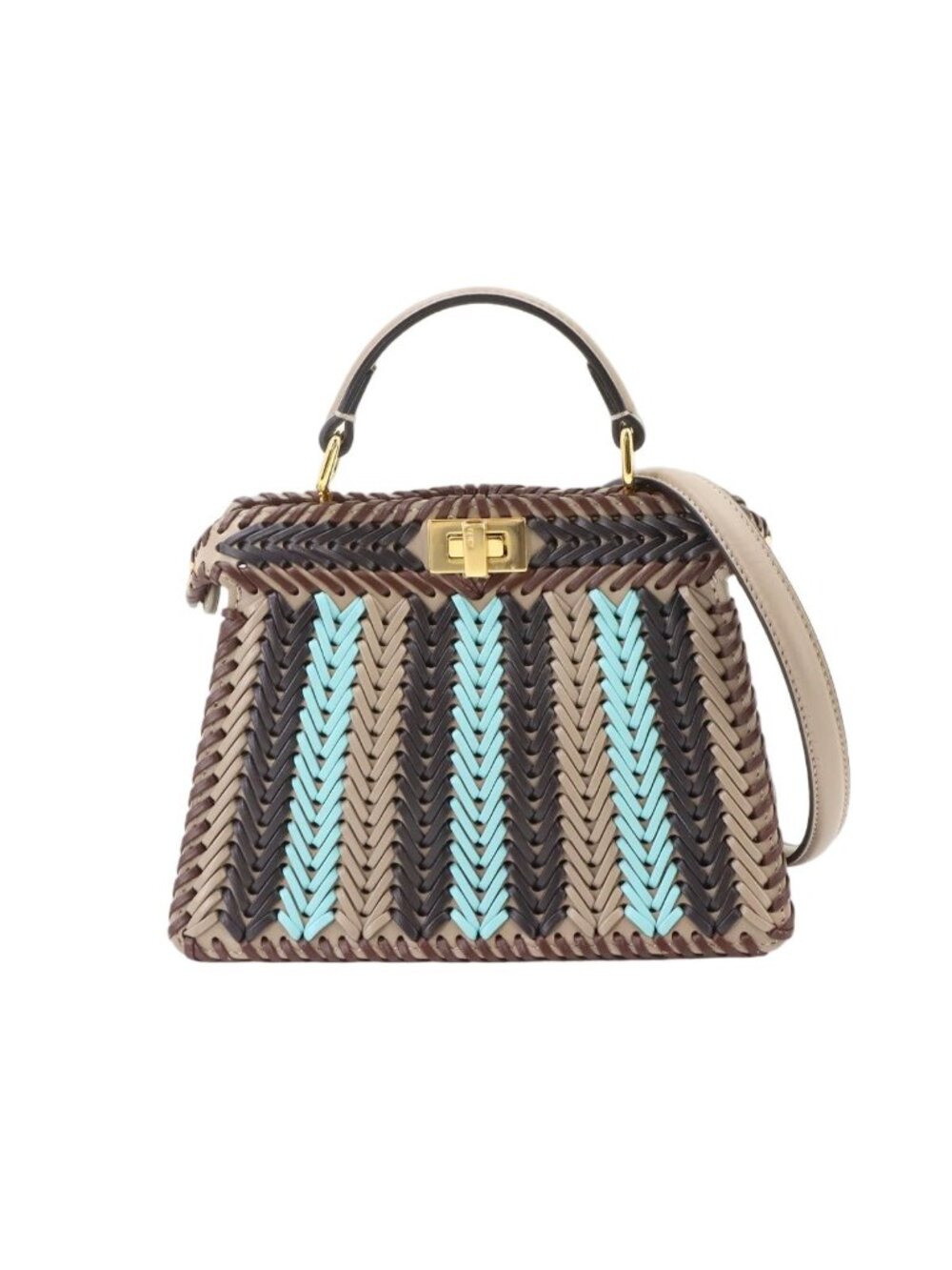 Fendi Peekaboo ISeeU Petit 2-Way Bag Leather Beige Brown Blue